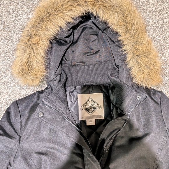 Beaver Canoe Roots Long Coat Women's L Hooded Quilted Lining Pockets Black - Picture 11 of 14